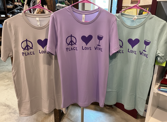 A) Bella Canvas Short Sleeve T-shirt SMALL (Two-sided Peace Love Wine)